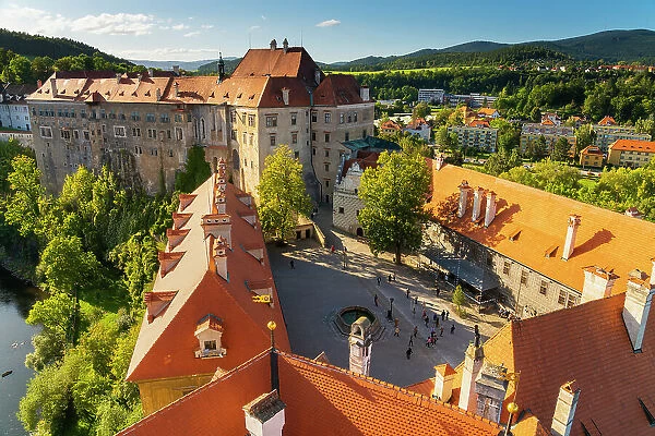 High angle view of grounds of State Castle and Chateau Cesky Krumlov, UNESCO World Heritage Site, Cesky Krumlov, South Bohemian Region, Czech Republic (Czechia), Europe