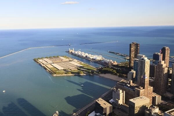 High angle view of Lake Michigan from the Hancock Center, Navy Pier and Milton Lee Olive Park in the centre, Chicago, Illinois, United States of America, North America