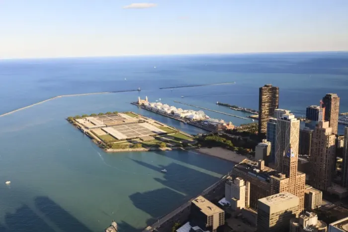 Framed Print : High angle view of Lake Michigan from the Hancock Center, Navy Pier and Milton Lee Olive Park in the centre, Chicago, Illinois, United States of America, North America Framed Print : High angle view of Lake Michigan from the Hancock Center, Navy Pier and Milton Lee Olive Park in the centre, Chicago, Illinois, United States of America, North America