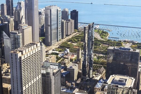 High angle view of Millennium Park and Lake Michigan, Chicago, Illinois