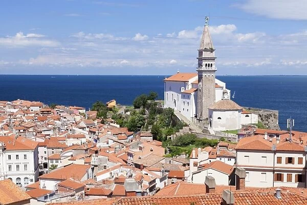 High angle view of the old town with cathedral of St. George, Piran, Istria, Slovenia, Europe