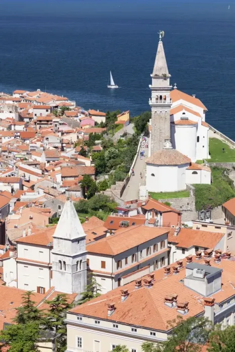 Framed Print : High angle view of the old town with the cathedral of St. George, Piran, Istria, Slovenia, Europe Framed Print : High angle view of the old town with the cathedral of St. George, Piran, Istria, Slovenia, Europe