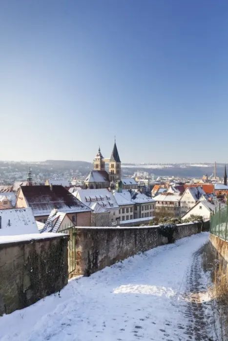 Framed Print : High angle view of the old town of Esslingen in winter, Baden Wurttemberg, Germany, Europe