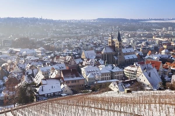 High angle view of the old town of Esslingen in winter, Baden Wurttemberg, Germany, Europe