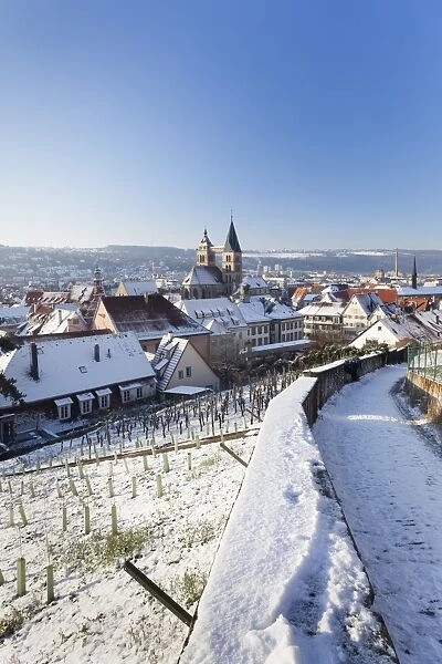 High angle view of the old town of Esslingen in winter, Baden Wurttemberg, Germany, Europe
