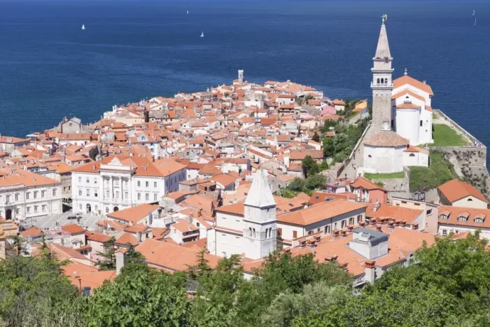 Framed Print : High angle view of the old town with Tartini Square, townhall and the cathedral of St. George, Piran, Istria, Slovenia, Europe Framed Print : High angle view of the old town with Tartini Square, townhall and the cathedral of St. George, Piran, Istria, Slovenia, Europe