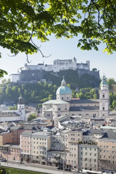 Framed Print : High angle view of the Old Town, UNESCO World Heritage Site, with Hohensalzburg Fortress, Dom Cathedral and Kappuzinerkirche Church, Salzburg, Salzburger Land, Austria, Europe