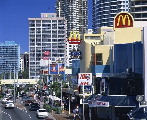 High angle view of a street scene, with fast food outlet signs, in Surfers Paradise