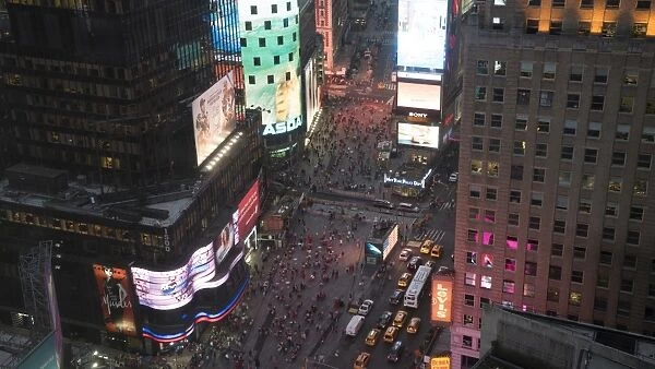High angle view of Times Square at dusk, Theatre District, Midtown, Manhattan, New York City, New York, United States of America, North America