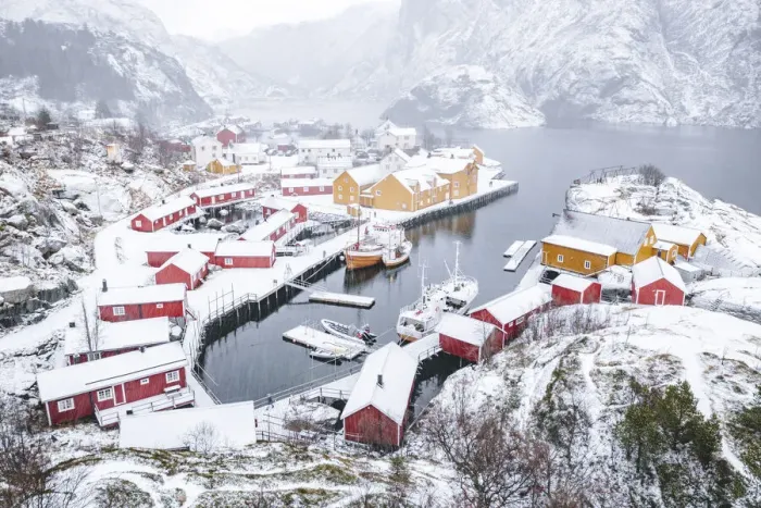 Framed Print : High angle view of traditional fishermens cabins and harbor covered with snow, Nusfjord, Nordland, Lofoten Islands, Norway, Scandinavia, Europe Framed Print : High angle view of traditional fishermens cabins and harbor covered with snow, Nusfjord, Nordland, Lofoten Islands, Norway, Scandinavia, Europe