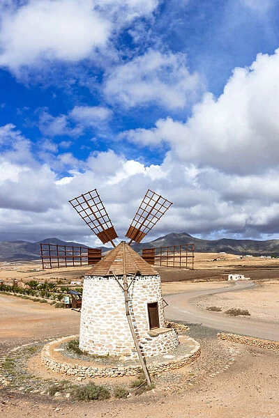 High angle view of traditional old windmill during a sunny day, Tefia, Fuerteventura