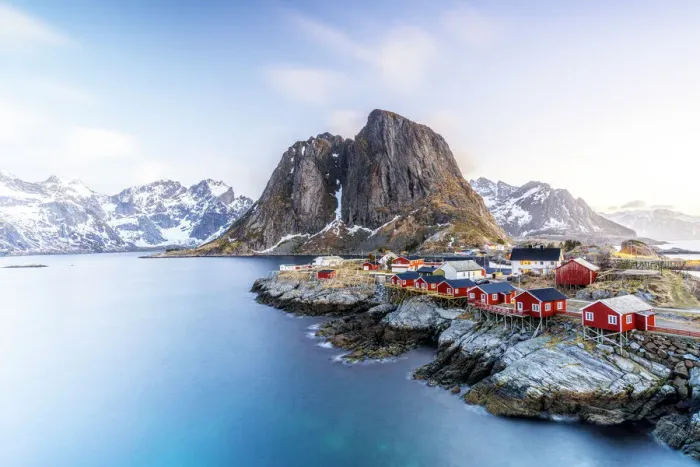 Framed Print : High angle view of traditional red Rorbu cabins in the fishing village of Hamnoy at dawn, Reine, Lofoten Islands, Norway, Europe Framed Print : High angle view of traditional red Rorbu cabins in the fishing village of Hamnoy at dawn, Reine, Lofoten Islands, Norway, Europe