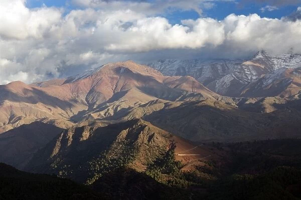 The High Atlas Mountains with a dusting of winter snow on the higher peaks, Tiz n Tichka Pass, Morocco, North Africa, Africa