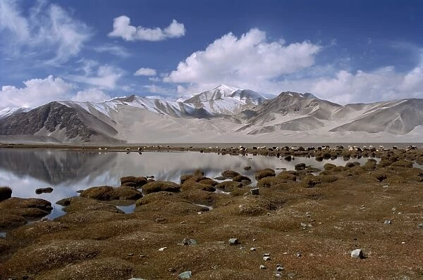 High mountain lake and mountain peaks, beside the Karakoram Highway, China, Asia