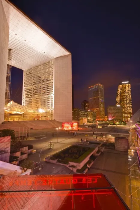 Framed Print : High rise office buildings and La Grande Arche in the La Defense area at night, Paris, France, Europe
