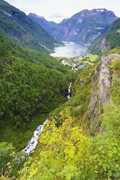 High view of Geiranger and Geirangerfjord. UNESCO World Heritage Site, Norway, Scandinavia