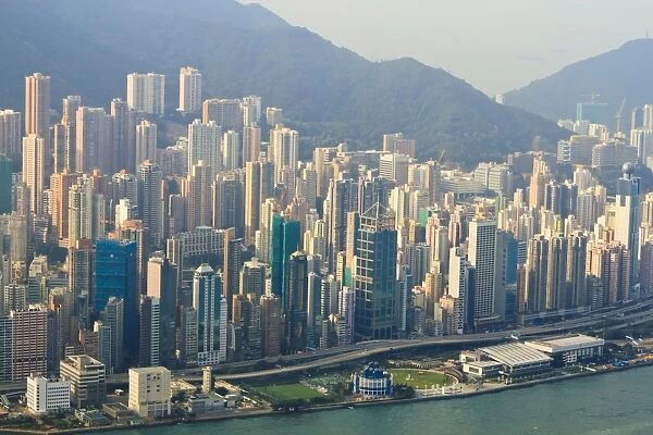 High view of the Hong Kong Island skyline and Victoria Harbour, Hong Kong, China, Asia
