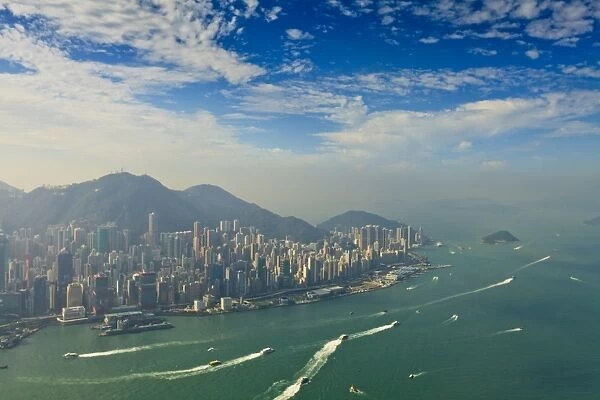 High view of the Hong Kong Island skyline and Victoria harbour, Hong Kong, China, Asia