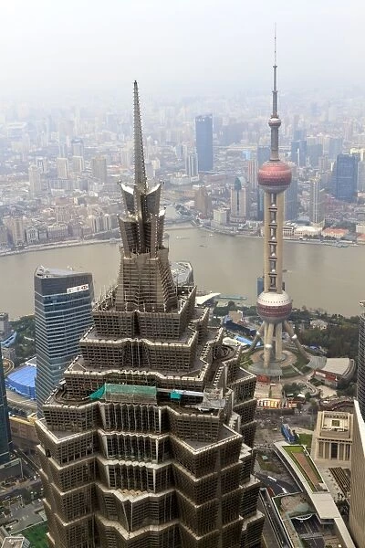 High view of Jinmao (Jin Mao) Tower and Oriental Pearl Tower, Shanghai, China, Asia