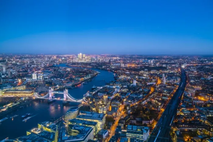 Framed Print : High view of London skyline at dusk along the River Thames from Tower Bridge to Canary Wharf Framed Print : High view of London skyline at dusk along the River Thames from Tower Bridge to Canary Wharf