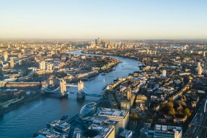 Framed Print : High view of London skyline along the River Thames from Tower Bridge to Canary Wharf Framed Print : High view of London skyline along the River Thames from Tower Bridge to Canary Wharf