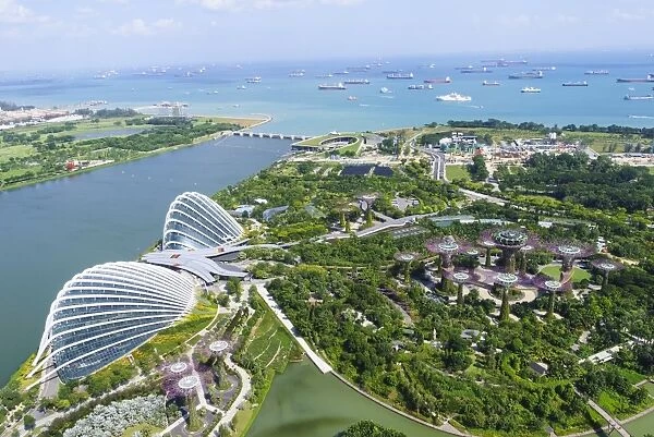 High view overlooking the Gardens by the Bay botanical gardens with its conservatories