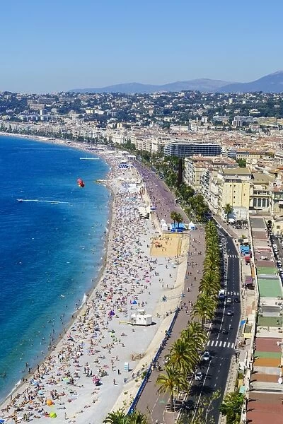 High view of the Promenade Anglais and beach, Nice, Alpes Maritimes, Cote d Azur
