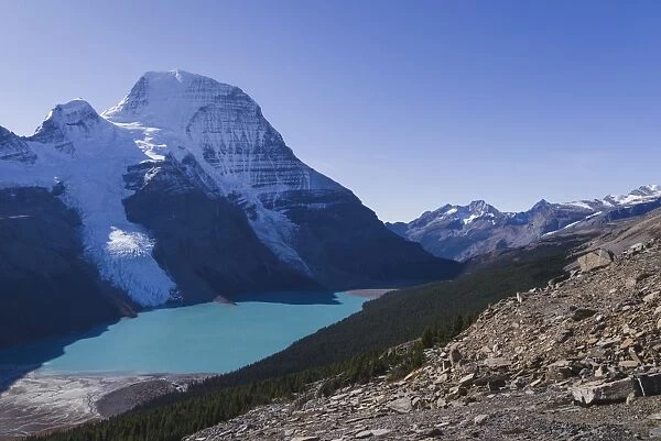The highest peak of the Canadian Rockies, Mount Robson, and the Berg Lake viewed