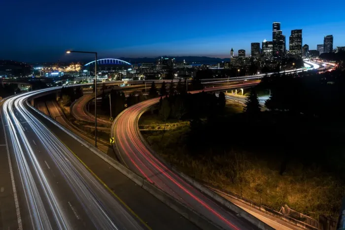 Framed Print : Highways and skyline, Seattle, Washington State, United States of America, North America Framed Print : Highways and skyline, Seattle, Washington State, United States of America, North America