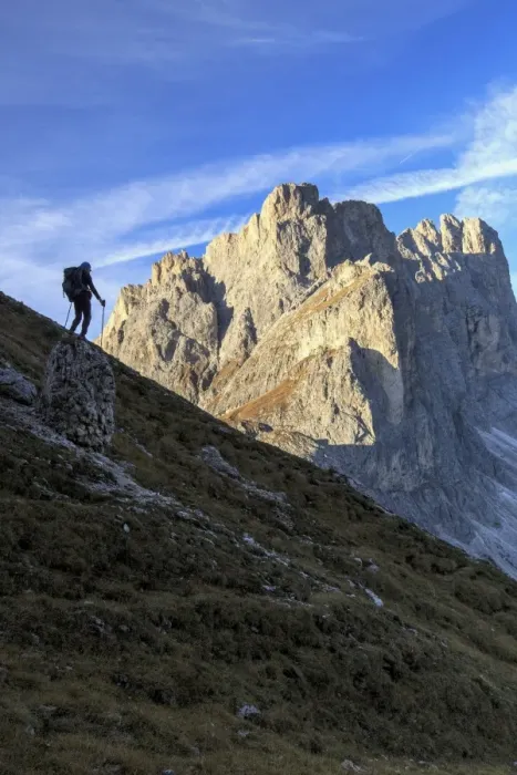 Framed Print : Hiker admires the rocky peaks Furcella De Furcia, Odle, Funes Valley, South Tyrol Framed Print : Hiker admires the rocky peaks Furcella De Furcia, Odle, Funes Valley, South Tyrol