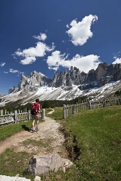 A hiker admiring the pinnacles of the Dolomite Massif in the Puez-Odle Nature Park, South Tyrol, Italy, Europe