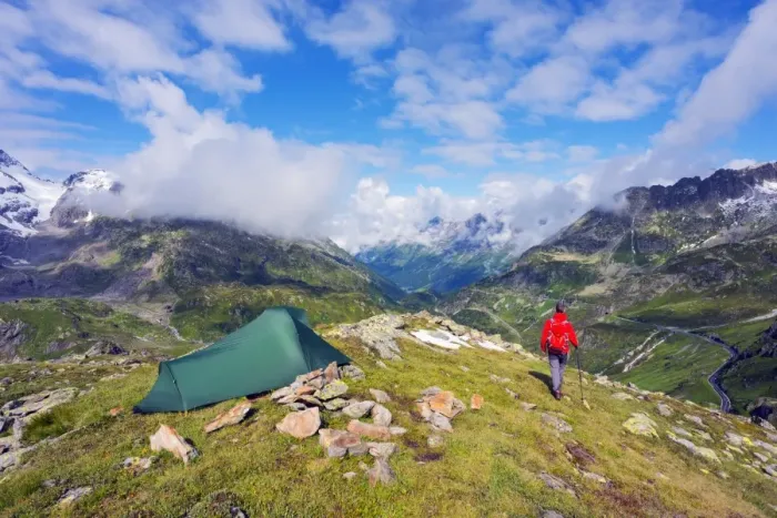 Framed Print : Hiker and camp site, Sustenpass (Susten Pass), Swiss Alps, Switzerland, Europe Framed Print : Hiker and camp site, Sustenpass (Susten Pass), Swiss Alps, Switzerland, Europe