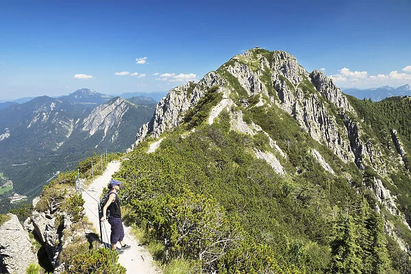 Hiker on Gratweg Trail from Heimgarten to Herzogstand Mountain, Upper Bavaria, Bavaria