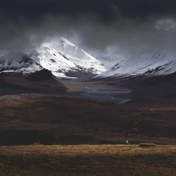 Framed Print : Hiker illuminated by a beam of sunlight after snowfall in the Denali National Park Framed Print : Hiker illuminated by a beam of sunlight after snowfall in the Denali National Park