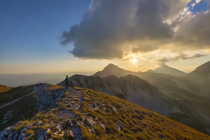 Framed Print : Hiker in front of mountain Portella at sunset, Gran Sasso e Monti della Laga National Park Framed Print : Hiker in front of mountain Portella at sunset, Gran Sasso e Monti della Laga National Park