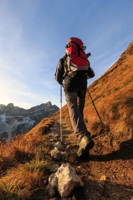 Framed Print : Hiker proceeds toward the group Forcella De Furcia at sunrise, Funes Valley, South Tyrol Framed Print : Hiker proceeds toward the group Forcella De Furcia at sunrise, Funes Valley, South Tyrol