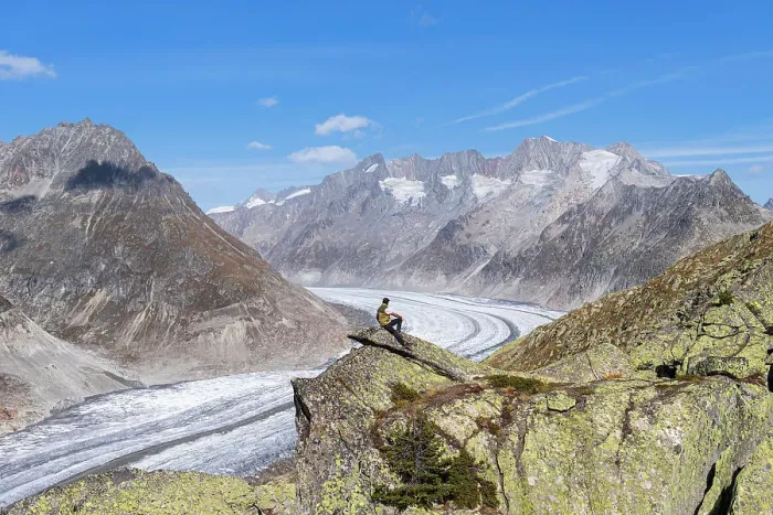 Framed Print : Hiker on top of a rock enjoying the view of the Aletsch Glacier and alpine mountains with snow, Aletsch Glacier, Bettmerhorn, UNESCO World Heritage Site, Valais canton, Switzerland, Europe Framed Print : Hiker on top of a rock enjoying the view of the Aletsch Glacier and alpine mountains with snow, Aletsch Glacier, Bettmerhorn, UNESCO World Heritage Site, Valais canton, Switzerland, Europe