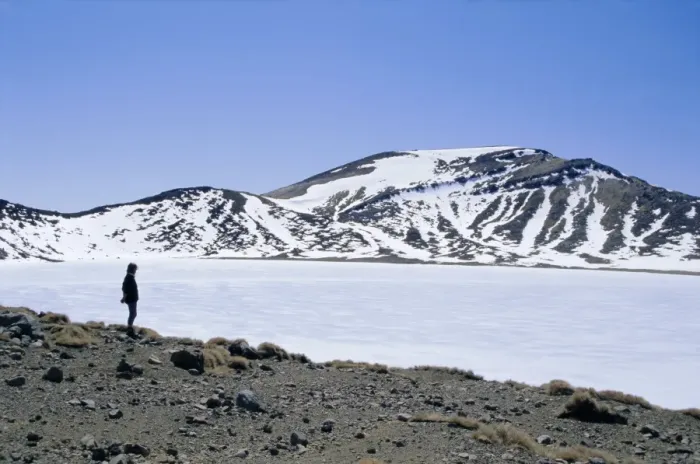 Framed Print : Hiker on Tongariro Crossing trek by Blue Lake under Framed Print : Hiker on Tongariro Crossing trek by Blue Lake under