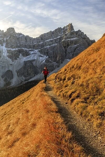 Hiker on a trail around the Forcella De Furcia at sunrise, Val di Funes, South Tyrol