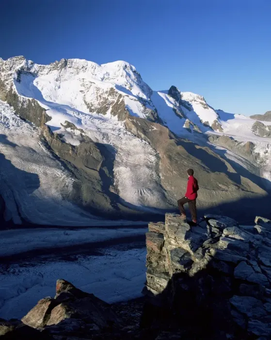 Framed Print : Hiker and view to the Breithorn and Breithorn Glacier Framed Print : Hiker and view to the Breithorn and Breithorn Glacier