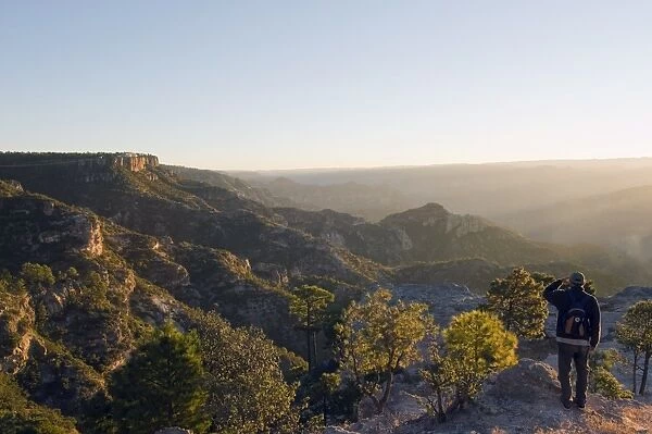 Hiker viewing sunrise in Barranca del Cobre (Copper Canyon), Chihuahua state