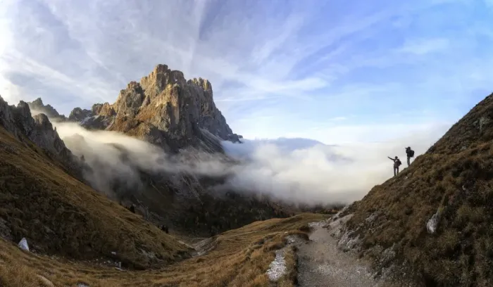 Framed Print : Hikers admire the peaks of Forcella De Furcia at sunrise, Funes Valley, South Tyrol Framed Print : Hikers admire the peaks of Forcella De Furcia at sunrise, Funes Valley, South Tyrol