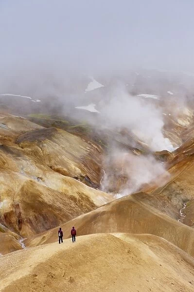 Hikers exploring the active hot spring area at Kerlingarfjoll, Iceland, Polar Regions