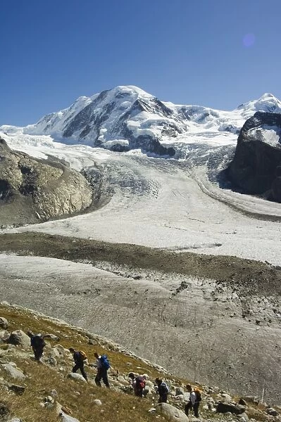 Hikers nearing ice flow of the Monte Rosa glacier
