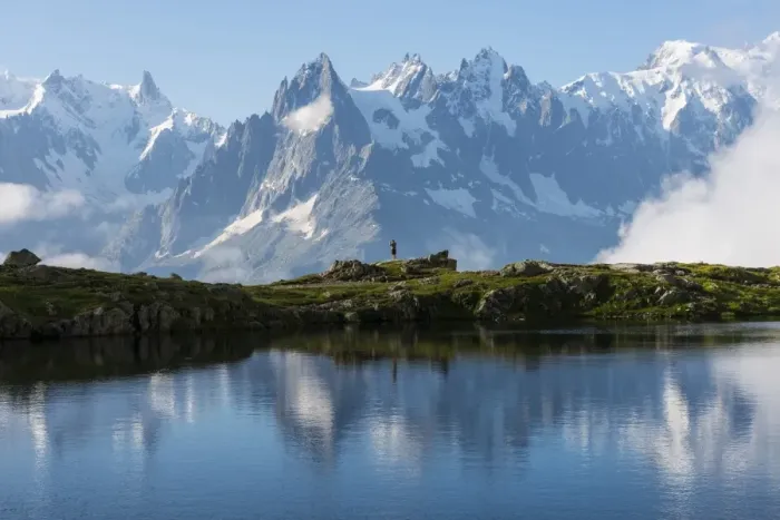 Framed Print : Hikers reflected in Lake Cheserys, Mont Blanc, French Alps, France, Europe Framed Print : Hikers reflected in Lake Cheserys, Mont Blanc, French Alps, France, Europe