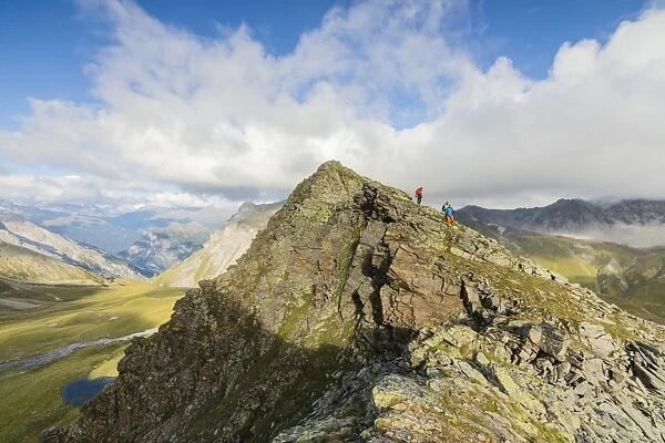 Hikers on the rocky crest of Monte Scorluzzo in summer, Bormio, Braulio Valley, Stelvio Pass