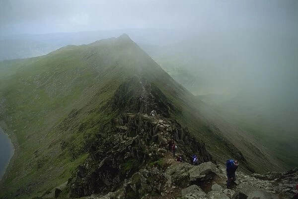 Hikers on Striding Edge, from Helvellyn, Lake District National Park, Cumbria