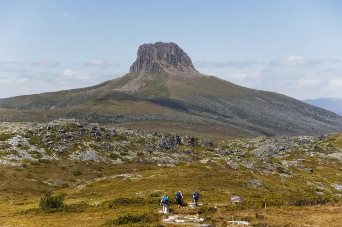 Framed Print : Hikers walking towards Barn Bluff on the overland track in Cradle Mountain Lake St Framed Print : Hikers walking towards Barn Bluff on the overland track in Cradle Mountain Lake St