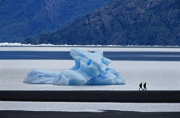 Hikers walking in front of a floating iceberg, Lake Gray, Torres del Paine National Park