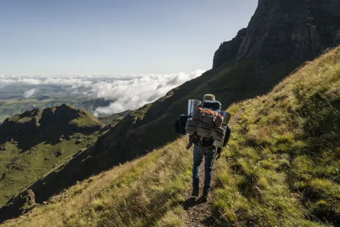 Framed Print : Hiking up to the Amphitheatre, Drakensberg Mountains, Royal Natal National Park, KwaZulu-Natal Province, South Africa, Africa